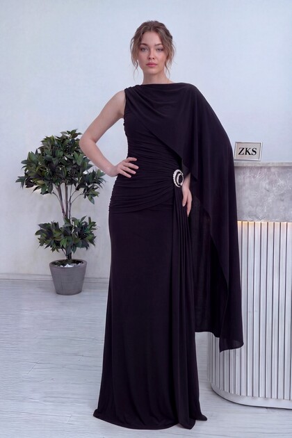 Women's Draped One-Shoulder Cape Detailed Brooched Maxi Evening Dress Brown, Black