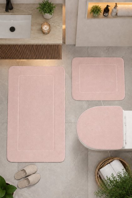 Powder 3-Piece Large Size Bathroom Rug Mat Set Non-Slip Leather Based Washable Toilet Set Venisa