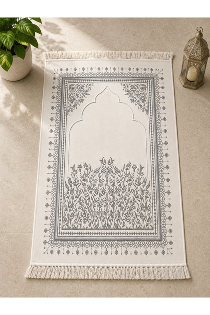 Luxurious Velvet Woven Prayer Rug with Soft Texture and Fringed Mihrab Pattern, Gray