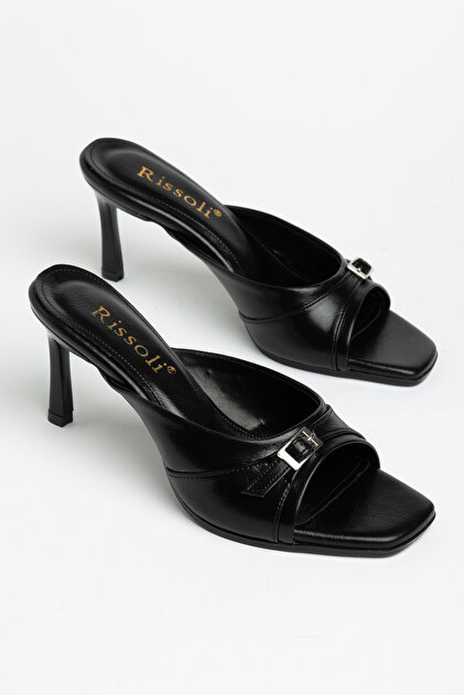 Women's Black Belt Buckle Detailed Thin Heeled Sandals