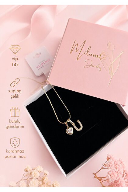 LUCKY ACCESSORIES Çelik Taşlı Harf Kalp Kolye, Suya Dayanıklı