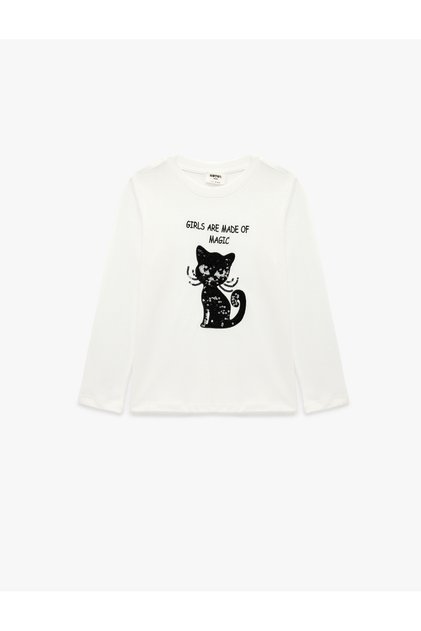 Cat Printed Sequined Short Sleeve Crew Neck Cotton T-Shirt