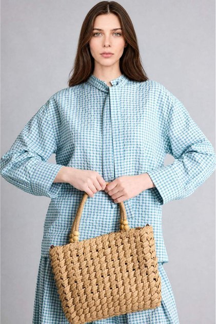 Regular Fit Crinkle Fabric Long Sleeve Mint Green Plaid Tunic H7715Ax26Hs