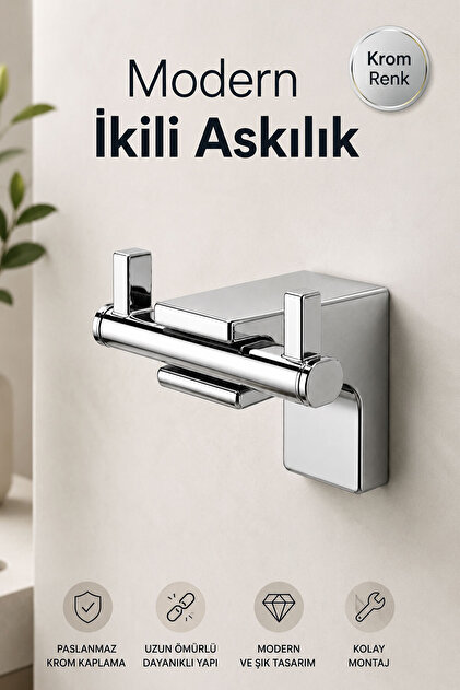 İkili Askılık Krom Duvara Monte Metal Çiftli Askı Banyo Mutfak Havlu Elbise Duvar Askısı Aparatı