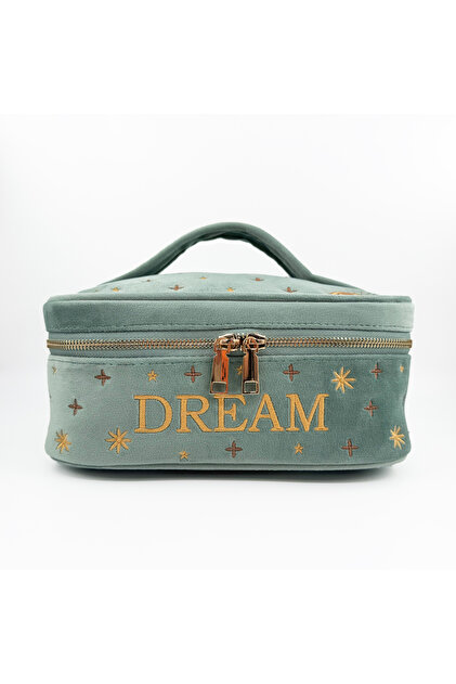 Mint Green Dream Embroidered Velvet Makeup Bag & Organizer 25X17.5X11 cm