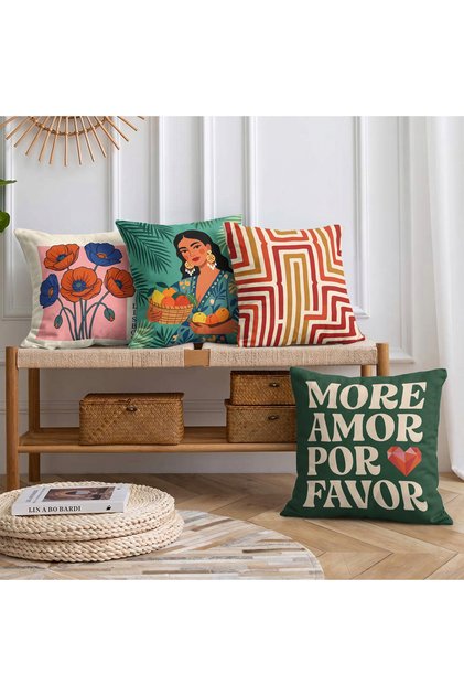 Double-Sided Suede More Amor and Woman Portrait 4-Piece Throw Pillow Cover Set - Colorful Geometric and Floral Decorative Pillowcases
