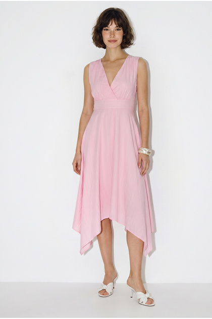 Women's Pink Lined Back Tie Detailed Double Breasted Collar Asymmetrical Cut Midi Dress 393 60286372