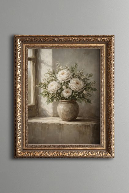 White Peony Bouquet – Vintage Patterned Painting – Thick Model