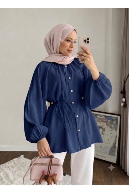 Reglan Kol Oversize Bel Bağlamalı Tesettür Gömlek Kadın Lacivert Salaş Kesim Düğmeli Uzun Kollu Tunik Gömlek Günlük Şık Ofis Kombin Pamuk Dokulu Rahat Kalıp Mevsimlik Modest Giyim