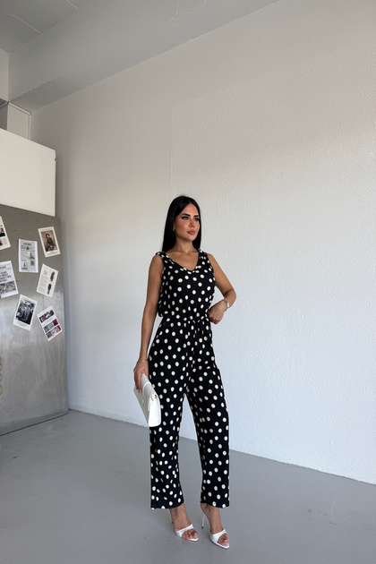 Puantiye Desenli Beli Lastikli Büyük Beden Yazlık Tulum Elbise