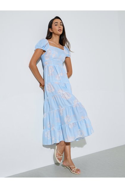 Blue Floral Print Tiered Midi Dress