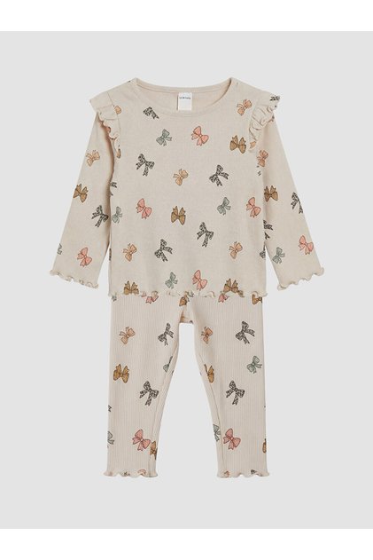 Lcw Baby Beige Bow Patterned Baby Girl Knitwear Set