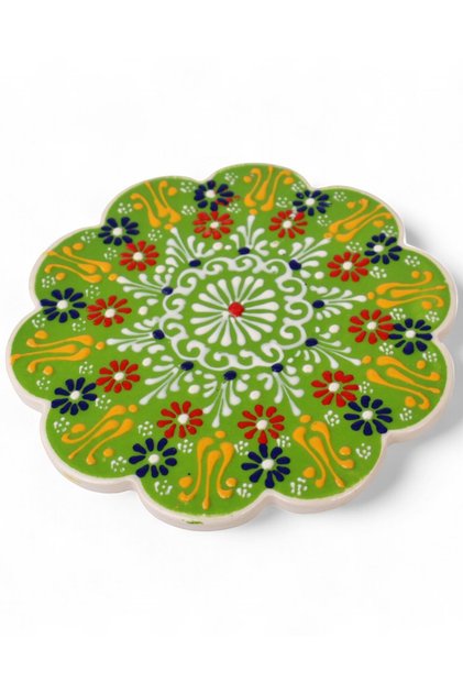 Green Handmade Embossed Tile Patterned Ceramic Trivet Heat Resistant Pot Pan and Teapot Mat Non-Slip Cork Base 17 cm