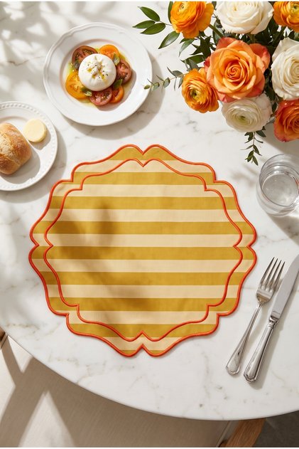 Embroidered Striped American Service Supla | Premium Duck Fabric | Stain Resistant | Modern Table Decor Set of 2