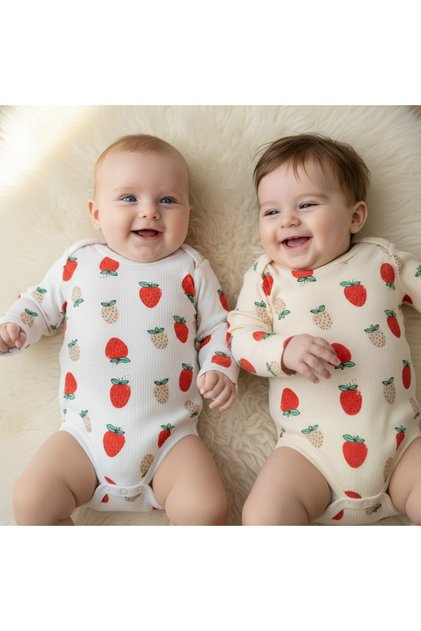 100% Cotton Stretchy Bodysuit for Babies and Children, White and Cream Color Patterned Double Set
