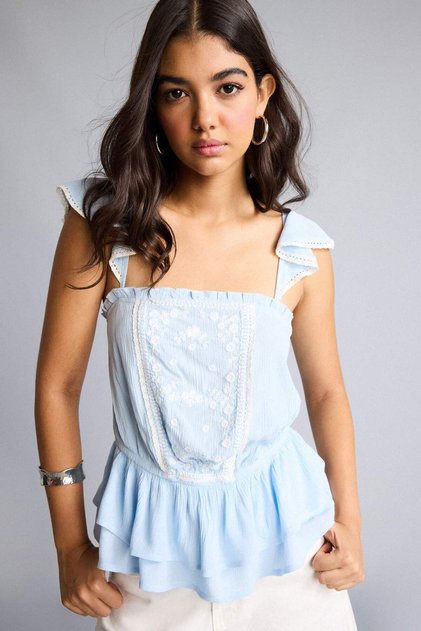 Regular Fit Wrinkled Textured Fabric Thick Strap Light Blue Blouse H0626Ax26Hs