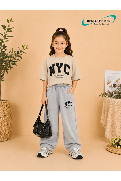 Summer Girl Boy Unisex Kids Nyc Printed Gray Sweatpants and T-Shirt