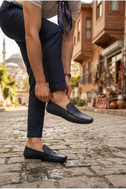 31100 Navy Blue Genuine Leather Loafer Men's Ballet Flats Men's Shoes