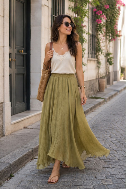 A-Line Long Skirt with Elastic Waist