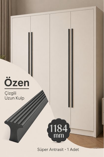 Özen (1 Adet) Süper Antrasit 1184 mm Çizgili Metal Modern Mobilya Dolap Çekmece Çizgili Dolap Kulpu