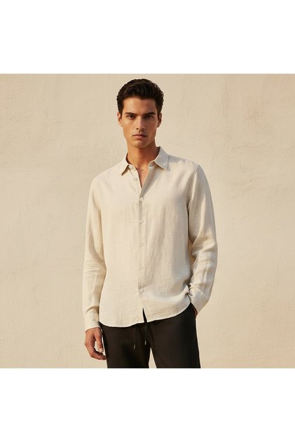 Splash Basic Regular Fit Collared Textured Long Sleeves Linen Blend Shirt