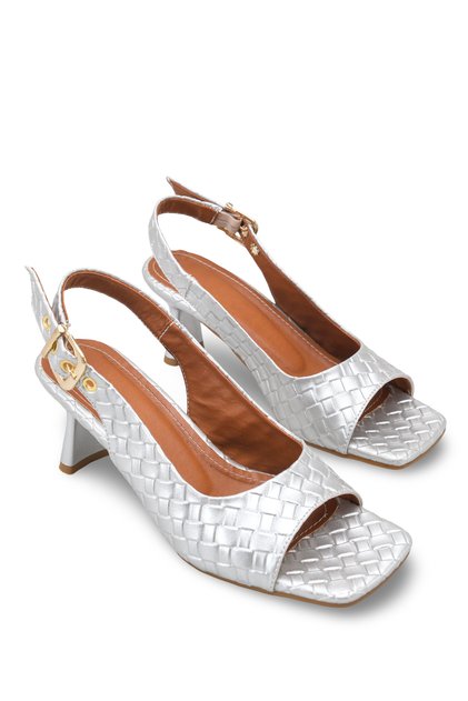 Women's Silver Knitted Patterned Buckle Thick Heeled Sandals