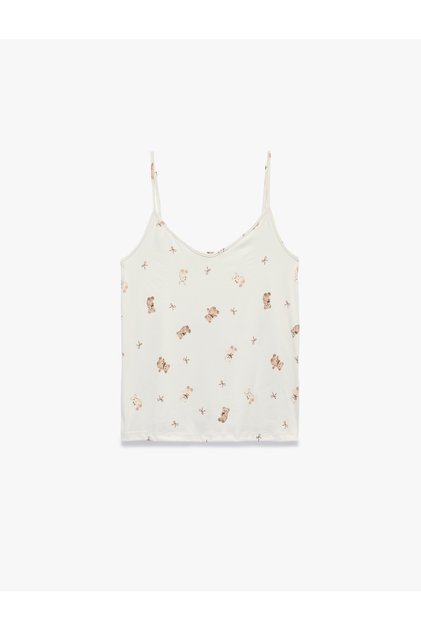 Teddy Bear Printed Lace Detailed V-Neck Strappy Pajama Top