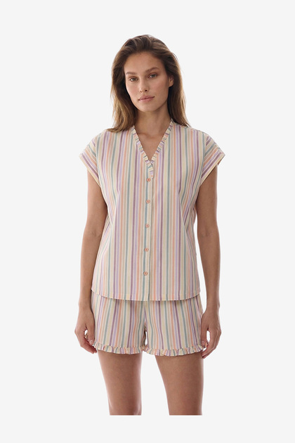 Women Sweet Day Striped Short Sleeve Shorts Multicolour Set