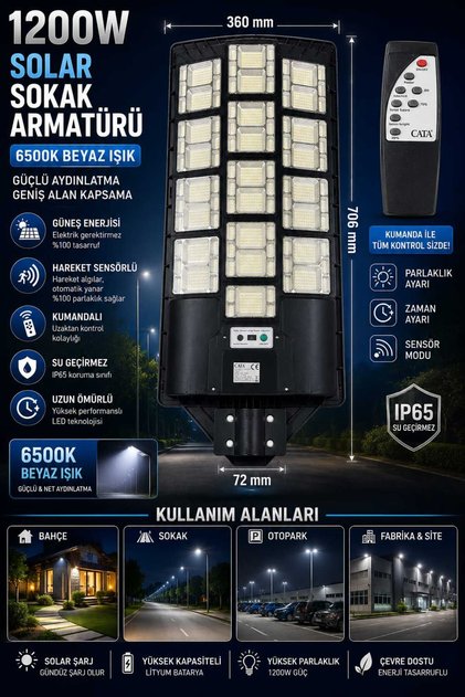 1200W Kumandalı Solar Güneş Enerjili Sokak Armatürü 6500K