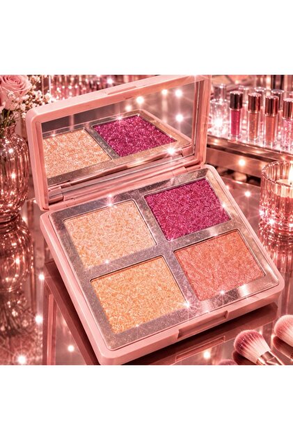 Four-In-One Blush and Highlighter Palette Featuring Four Harmonious Shades Suitable for All Looks. Its Soft Texture Is Easy to Blend, Giving Your Face a Radiant Glow or a Strong Sheen, Depending on Your Preference.