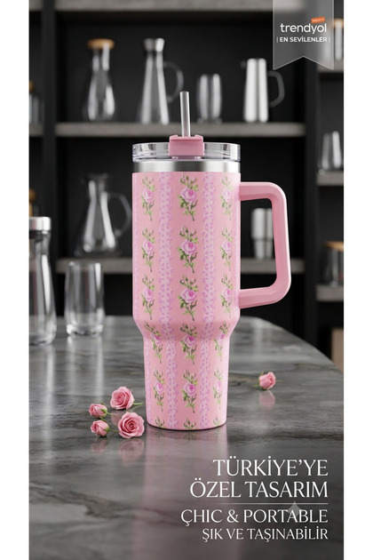 Floral Patterned Steel Thermos with Straw - Double-Walled Heat-Insulating Mug with Handle