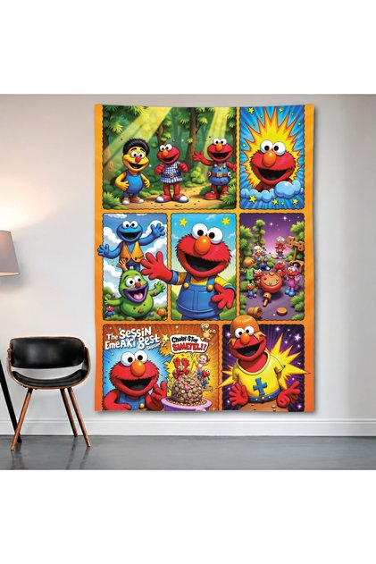 Sesame Street Elmo Wall Covering Wall Tapestry First Quality Satin Fabric Poster