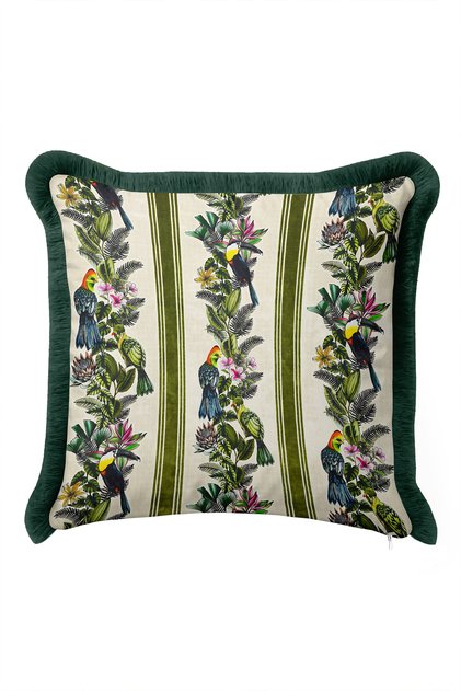 Exotic Tropical Bird Motif Fringed Pillowcase - Botanical Bohemian Cream Gray Tassel Throw Pillow Cover