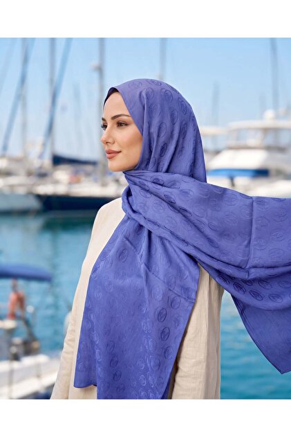Alia, Jacquard Lyocell Shawl - Logo Pattern - 13 - Indigo