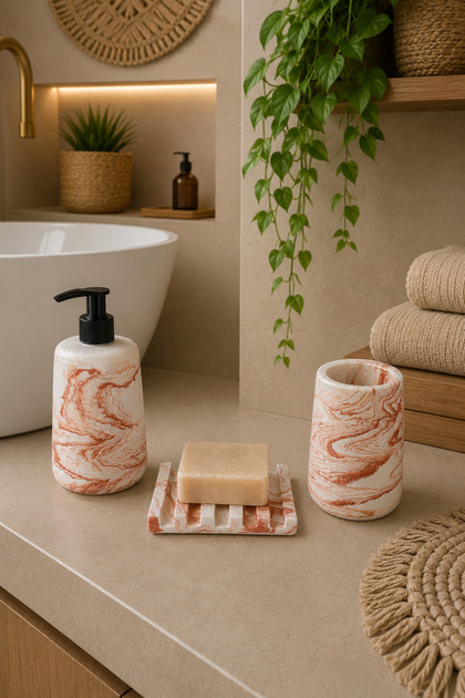 Decorative Marble Pattern 3 Piece Bathroom Set Solid Soap Dispenser Liquid Soap Dispenser Toothbrush Holder