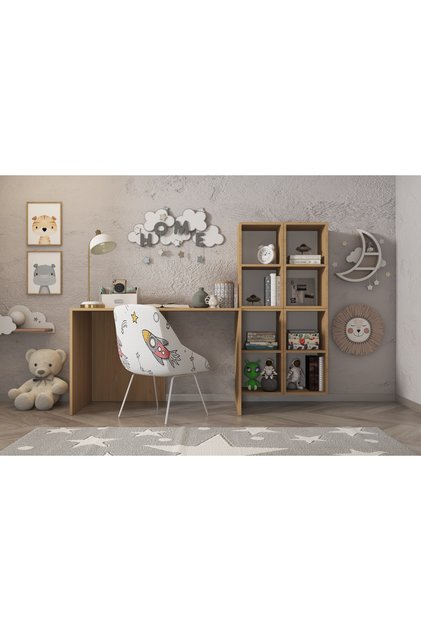 Meşe Görünümlü Modern Çocuk Çalışma Masası - 8 Bölmeli Fonksiyonel Kitaplık Modüllü NRG-ÇCMS-1015