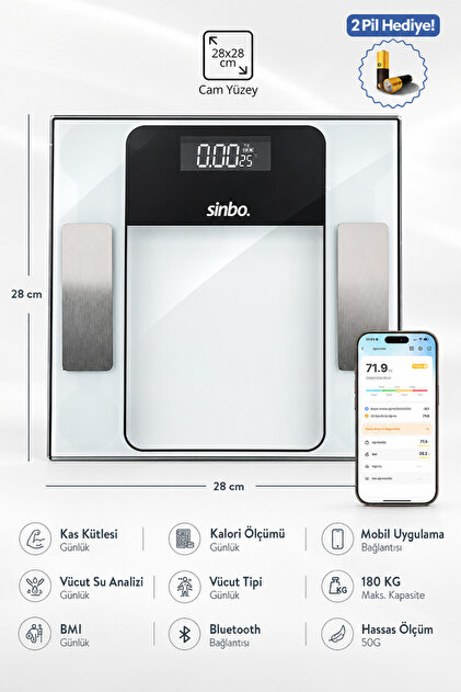 SBS 4476 Bluetooth Akıllı Dijital Baskül, Vücut Analizli, 180 kg Kapasiteli