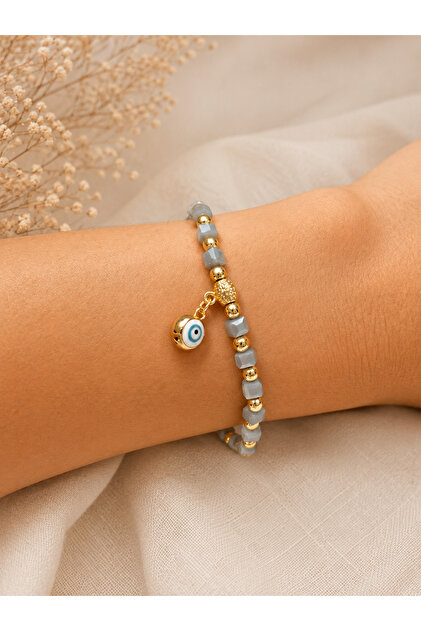 Natural Stone Gray Cube Stone Beaded Gold Color Detailed Bracelet, Evil Eye Beaded Elastic Bracelet