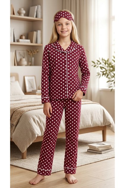 Girl's Burgundy Cotton Polka Dot Patterned Sleepwear Set with Sleeping Glasses