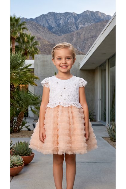 Girl's Lace, Stone Detailed, Lined Layered Tulle Dress for Birthday, Wedding, Special Occasion.