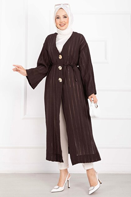 Gold Buttoned Lace-Up Long Kimono Brown