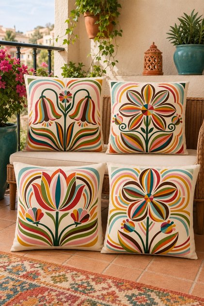 Drawing Flowers Patterned 4-Piece Throw Pillow Cover Set