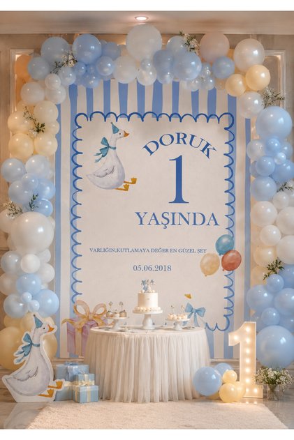 Kişiye Özel Ördek Temalı Erkek Bebek Doğum Günü Afişi 70x100 | İsimli Happy Birthday Banner | Branda Arka Fon