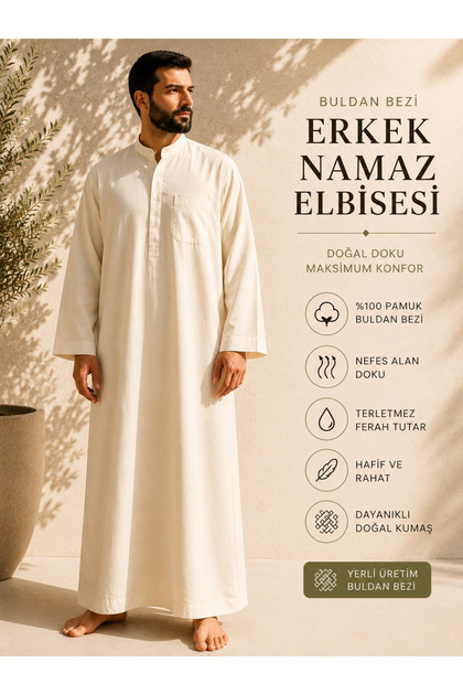 Thin Buldan Bezi Loose Cut Thin Men's Prayer Robe 100% Cotton Breathable Summer Comfortable Cut Cream
