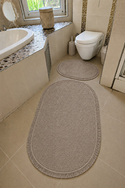 Yıkanabilir Klasik Saçaklı Kaymaz Taban Yumuşak Peluş Banyo Paspası 2'li Set 60x100ve50x60 Vizon