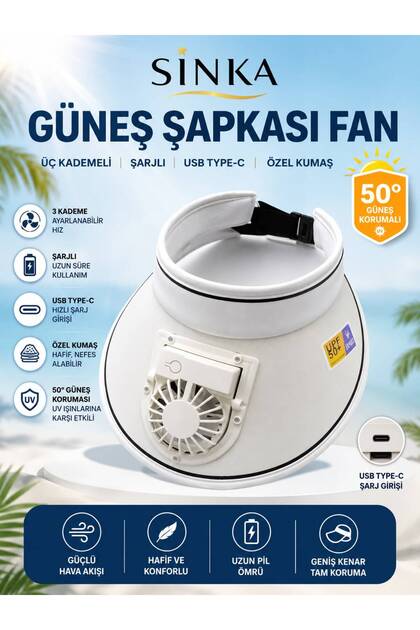 Şapka Fan Güneş Koruyucu 50+ Şarjlı 3 Kademeli Kumaş Yan Süngerli Arka Ayarlı Fanlı Şapka