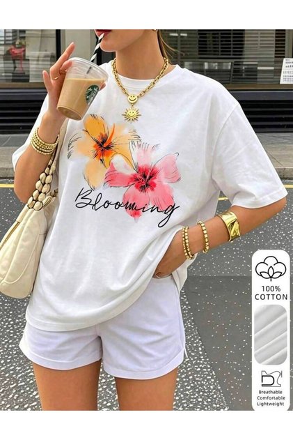 Women's Blooming Yellow-Pink Flower Printed Crewneck T-Shirt