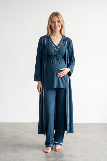 Elegant Piping Detailed 3-Piece Maternity Set - Stylish Pajama and Robe Set Compatible with Easy Breastfeeding