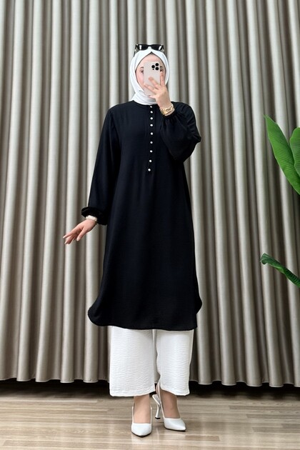 Saadet Tunic Ayrobin Fabric Women's Black Collar Openable Buttoned Elastic Sleeves Comfortable Cut Tunic