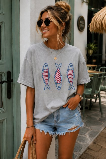 Three Fishes Printed Crew Neck Casual Unisex Oversize T-Shirt - Cotton Casual T-Shirt